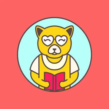 Smart cat pets reading book study mascot cartoon cute colorful modern logo .. Stock Illustration