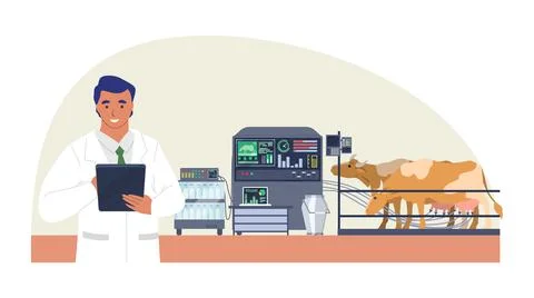 Smart cattle farm, flat vector illustration. Automatic cow milking machine. Iot Stock Illustration