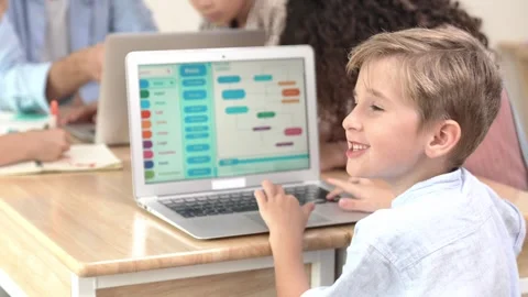 Smart caucasian boy turn around and looking at camera in STEM class. Pedagogy. Stock Footage 277218403