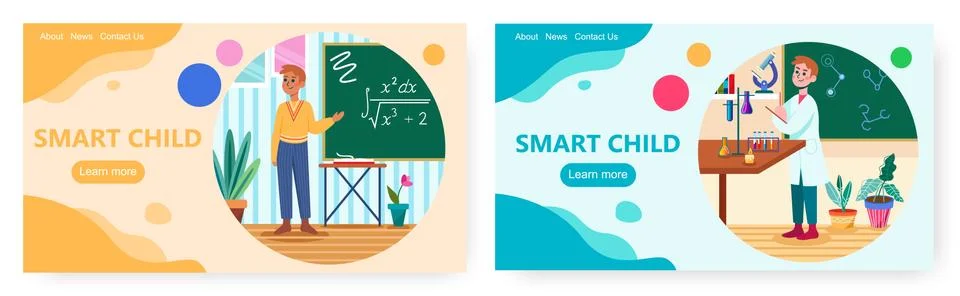 Smart child landing page design, website banner vector template set. Smart kids Stock Illustration
