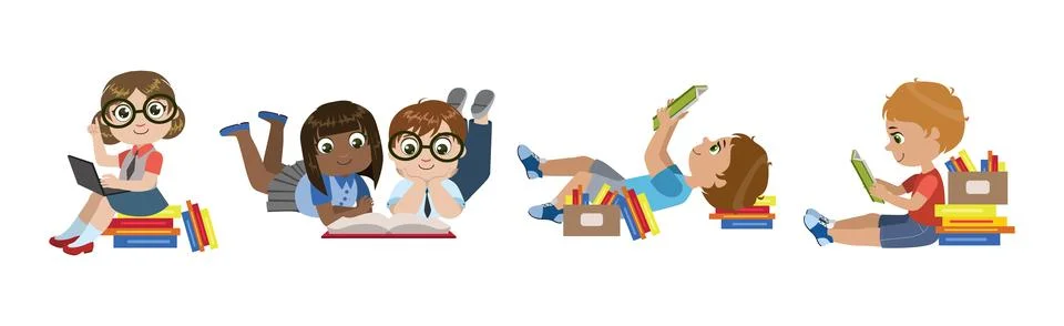 Smart Children Reading Book Study and Learning Vector Set イラスト素材