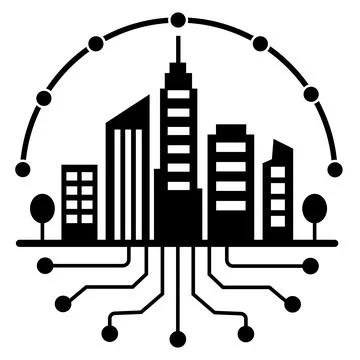 Smart cities icon. Connected city in black and white sign. Smart city . Illustrazione stock