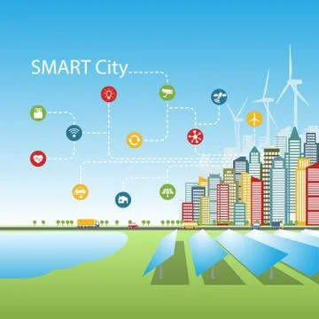 Smart cities with intelligent services, Internet of things, alternative energy Stock Illustration