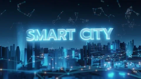 Smart City 3D Glowing Text with Digital Urban Skyline and Network on Blue Stock Footage 335642770