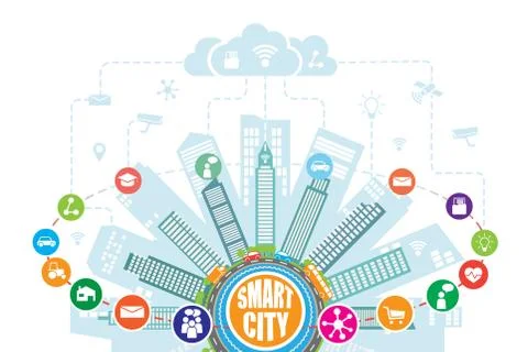 Smart city with advanced intelligent services, and augmented reality Stock Illustration