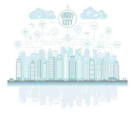 Smart city with advanced smart services, social networking, background Stock Illustration