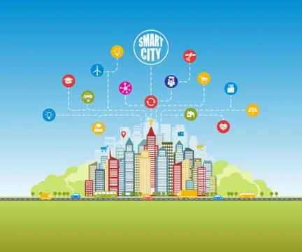 Smart city with advanced smart services, place for text Stock Illustration