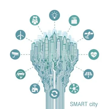 Smart city with advanced smart services, circuit board Stock Illustration