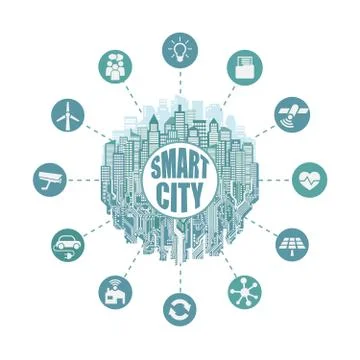 Smart city with advanced smart services Stock Illustration