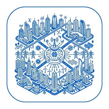 Smart city ai neural network architecture with blue futuristic urban infras.. Stock Illustration