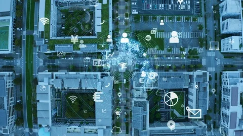 Smart city and communication network concept. IoT (Internet of Things). 5G. Wire Stock Footage 118079396