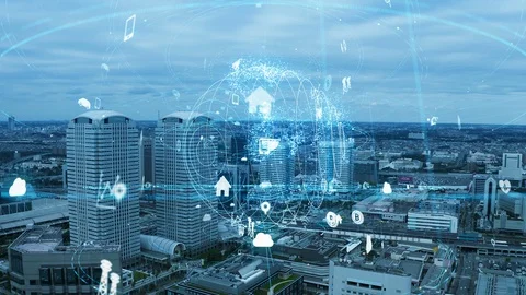 Smart city and communication network concept. IoT (Internet of Things). 5G. Wire Stock Footage 118079744