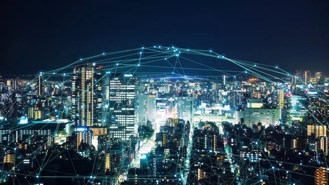Smart city and communication network concept. 5G. LPWA (Low Power Wide Area). Vidéo 118286640