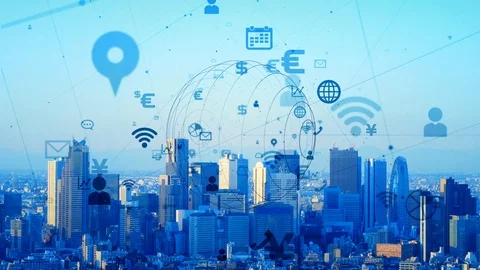 Smart city and communication network concept. 5G. LPWA (Low Power Wide Area). Stock Footage 120323520