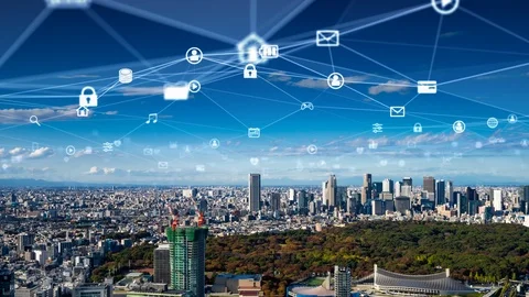 Smart city and communication network concept. 5G. LPWA (Low Power Wide Area). Wi Stock Footage 122919862