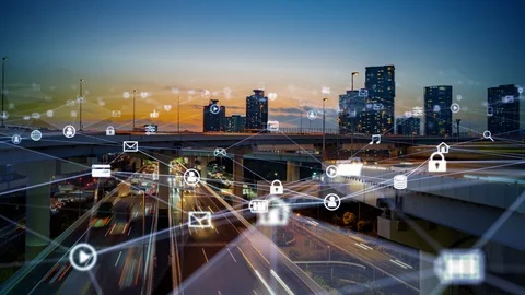 Smart city and communication network concept. 5G. LPWA (Low Power Wide Area). Wi Stock Footage 122920445