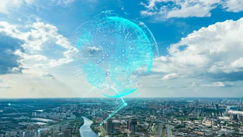Smart city and communication network concept. Evening city time lapse with Stock Footage 122997068