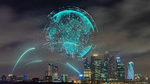 Smart city and communication network concept. Evening city time lapse with Stock Footage 123408916