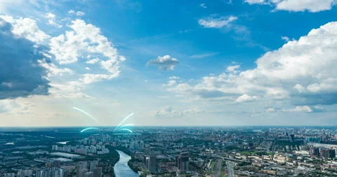 Smart city and communication network concept. Evening city time lapse with Stock Footage 123411332