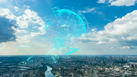Smart city and communication network concept. Evening city time lapse with Stock Footage 123412659