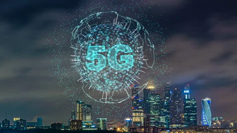 Smart city and communication network concept. Evening city time lapse with Stock Footage 123581433
