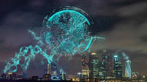 Smart city and communication network concept. Evening city time lapse with Stock Footage 123582091