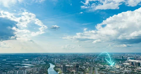 Smart city and communication network concept. Evening city time lapse with Stock Footage 123582691