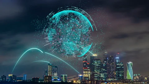 Smart city and communication network concept. Evening city time lapse with Stock Footage 123722472