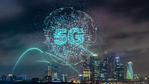 Smart city and communication network concept. Evening city time lapse with Stock Footage 123899014