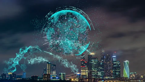 Smart city and communication network concept. Evening city time lapse with Stock Footage 124426028