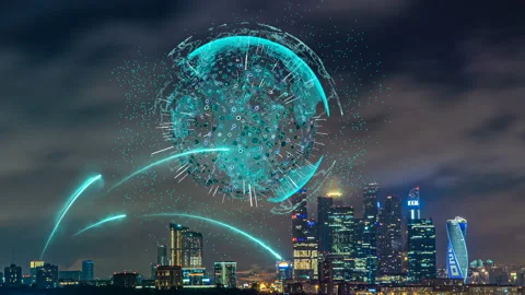 Smart city and communication network concept. Evening city time lapse with Stock Footage 124784825