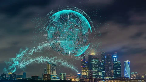 Smart city and communication network concept. Evening city time lapse with Stock Footage 124954256