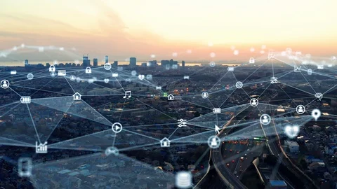 Smart city and communication network concept. 5G. LPWA (Low Power Wide Area). Vidéo 126630459