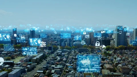 Smart city and communication network concept. 5G. IoT (Internet of Things). Stock Footage 128097187