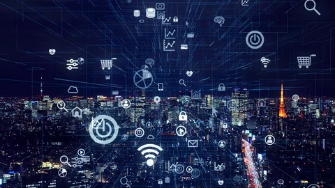 Smart city and communication network concept. 5G. IoT (Internet of Things). Stock Footage 128097385