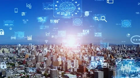 Smart city and communication network. Digital transformation. IoT (Internet of T Video stock 141772578