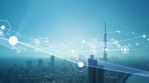 Smart city and communication network concept. 5G. LPWA (Low Power Wide Area). Wi Stock Footage 150919175