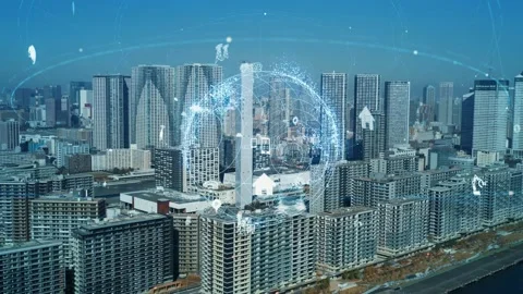 Smart city and communication network concept. 5G. LPWA (Low Power Wide Area). Wi Stock Footage 151361771