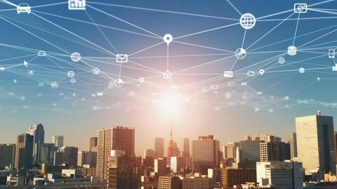 Smart city and communication network concept. 5G. LPWA (Low Power Wide Area). Wi Stock Footage 151361799