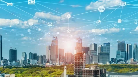 Smart city and communication network concept. 5G. LPWA (Low Power Wide Area). Wi Stock Footage 152543311