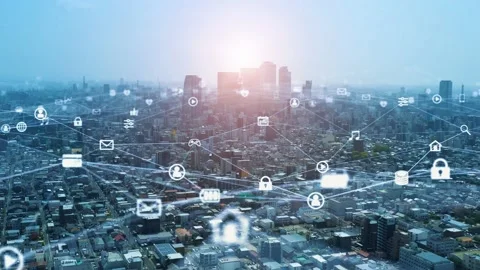 Smart city and communication network concept. 5G. LPWA (Low Power Wide Area). Wi Stock Footage 154074394