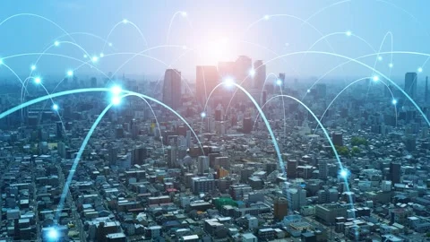 Smart city and communication network concept. 5G. LPWA (Low Power Wide Area). Wi Stock Footage 154074402