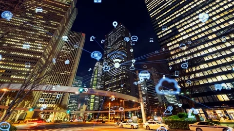 Smart city and communication network concept. 5G. LPWA (Low Power Wide Area). Wi Stock Footage 158836204