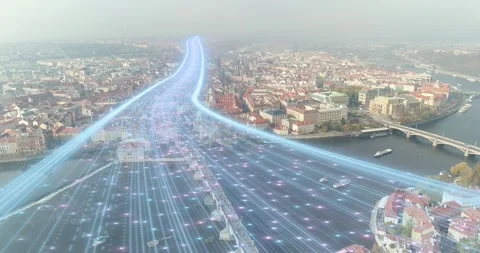 Smart city and communication network concept. Bands of light running through a Stock Footage 309925268