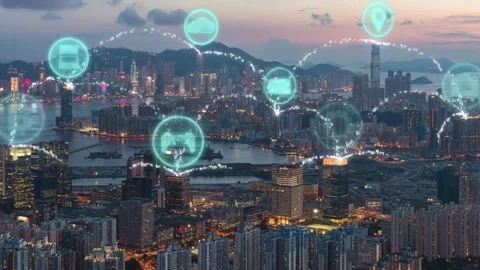 Smart city and Data Connection, Internet of Things icon over modern Hong Kong Stock Footage 267227860