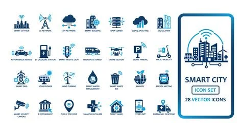 Smart City and Internet of Things solid icon set containing icons for 5G ne.. Stock Illustration
