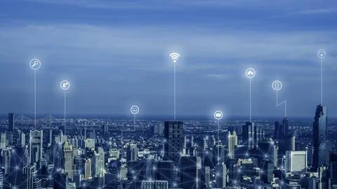 Smart city and network communication. And data transformation on public. Stock Photos