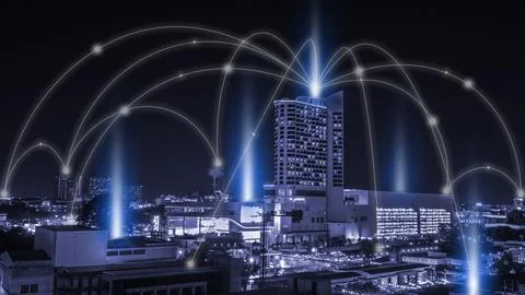 Smart city and network communication. And data transformation on public. Stock Photos