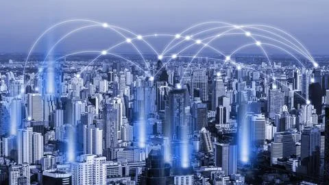 Smart city and network communication. And data transformation on public. Stock Photos