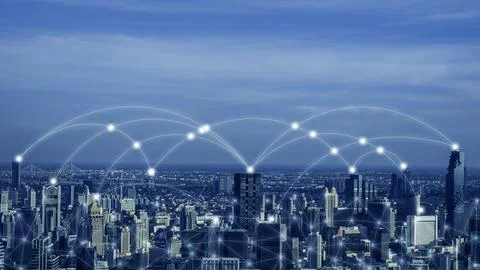 Smart city and network communication. And data transformation on public. Stock Photos